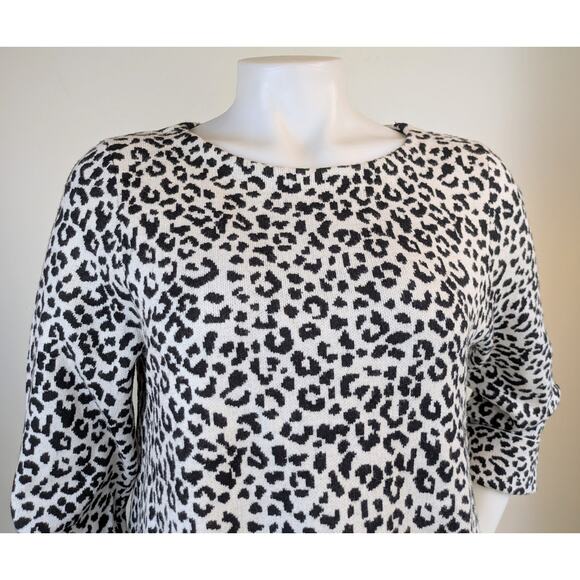 Cynthia Rowley Sweater Large Black Taupe Leopard Print Crew Neck 3/4 Sleeve Soft - Picture 3 of 10